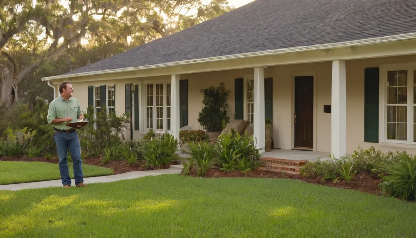 A friendly pest control provider talking with a homeowner at a brick ranch home in Trussville
