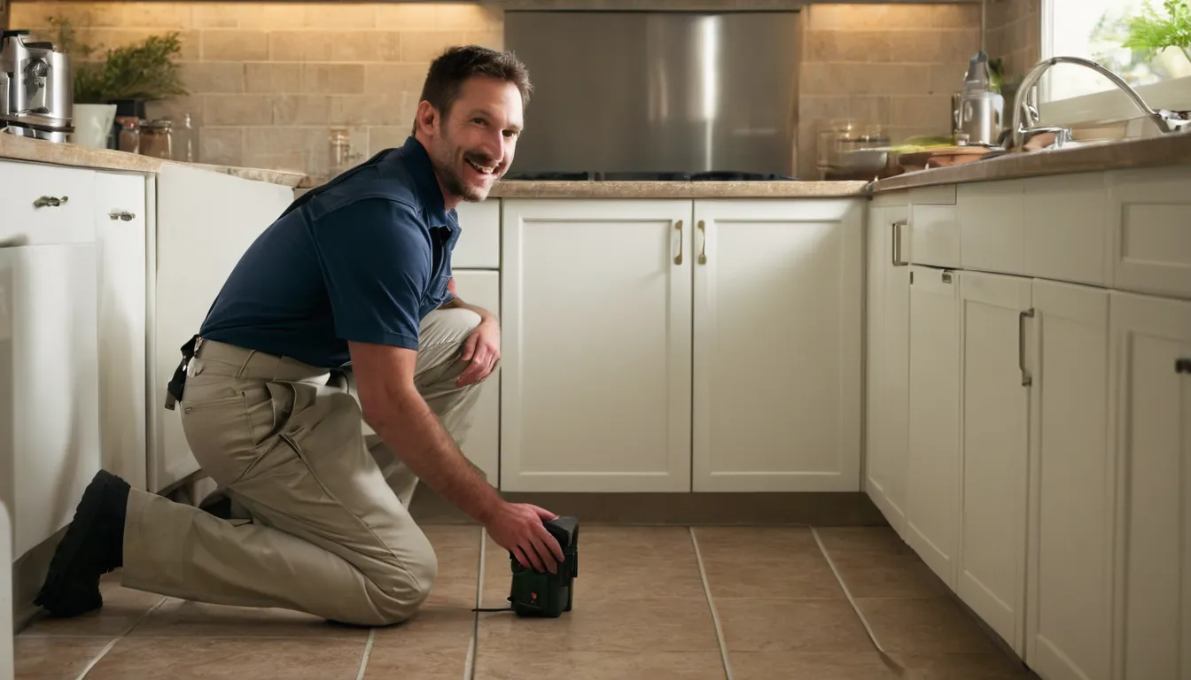 Pest control provider inspecting a kitchen baseboard in a Trussville home